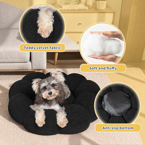 WESTERN HOME WH Calming Cat Beds for Indoor Cats-Fluffy Flower Cat&Dog Bed in Plush Teddy Sherpa, Round Donut Cuddler Puppy Bed, Non-Slip Machine Washable Pet Bed Fits up to 15 lbs, Black 20"