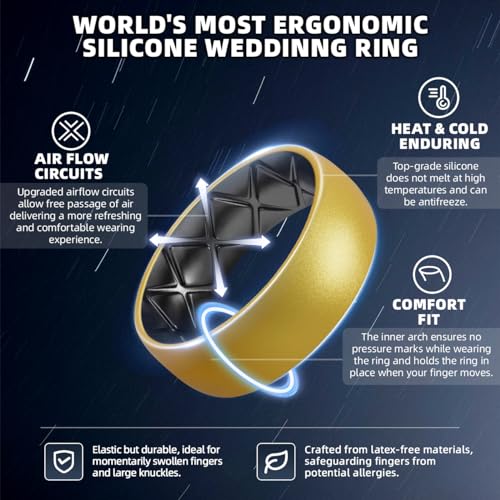 Egnaro Silicone Ring Men 1/4/6/7 Multipack of Breathable Mens Silicone Rubber Wedding Rings Bands with Air Flow Grooves