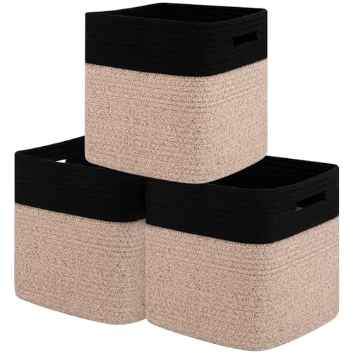SIXDOVE Storage Cubes 11 Inch Cotton Rope Woven Baskets for Organizing, 3-Pack Cube Storage Bin | Square Baskets for Shleves, Closet, Baby Nursery Bins, Black & Brown