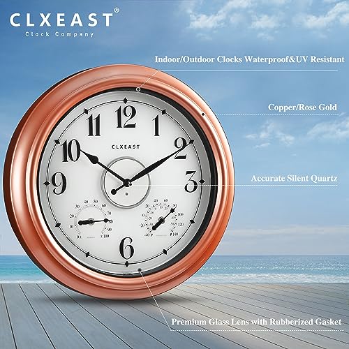 CLXEAST 18 Inch Illuminated Outdoor Indoor Clocks with Smart Sensor,Modern Farmhouse Lighted Wall Clock with Temperature and Humidity for Patio, Garden Decor,Copper/Rose Gold Finish