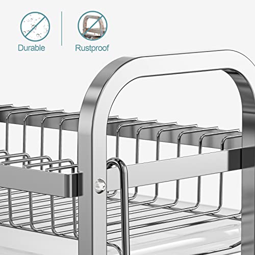 Swedecor Dish Drying Rack - 2 Tier Dish Rack with Drain Spout, Rust Resistant Dish Drainer with Cup Holder and Utensil Holder for Kitchen Countertop Small Saving Space, Black