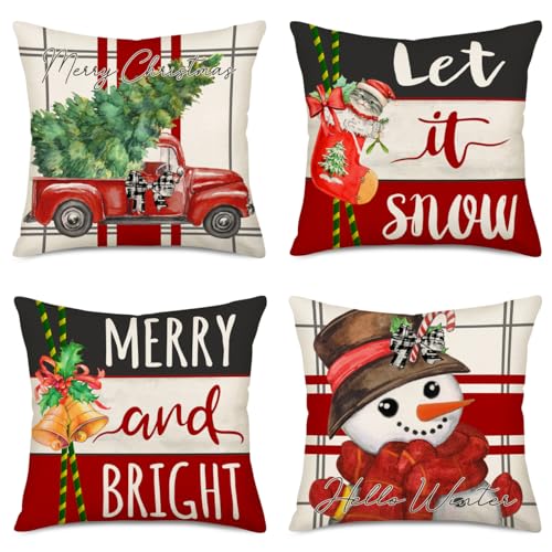 Smilyard Christmas Decorative Pillow Covers 16x16 Inch Set of 4 Merry Bright Christmas Tree Red Truck Snowman Let it Snow Cat Stocking Jingle Bells Decor Winter Pillows Cushion Case for Home Couch