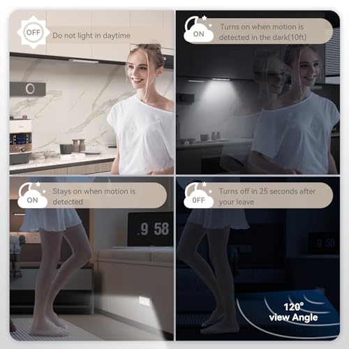 xinp Under Cabinet Lighting, 3 Color Magnetic Motion Sensor Light Indoor, USB Rechargeable Closet Lights 1800mAh Battery Operated, Wireless Dimmable Under Counter Light Bar for Kitchen,Hallway