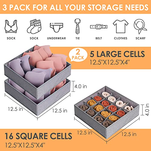 3 Pack Bra Underwear Drawer Organizer Dividers, 26 Cell Fabric Foldable Dresser Closet Organizers and Storage Boxes for Baby Clothes, Bra, Socks, Underwear, Ties (5+5+16 Slots, Grey)