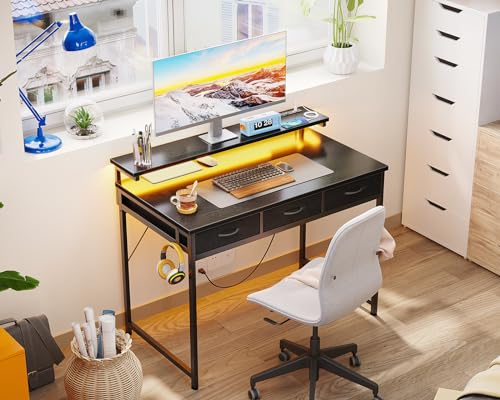 ODK 40 Inch Small Computer Desk with 3 Drawers and USB Power Outlets, Home Office Desks with LED Lights and Adjustable Monitor Stand, Work from Home, Modern Work/Writing/Study Table for Bedroom, Black