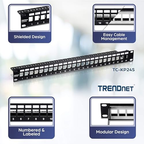 TRENDnet 24-Port Blank Keystone Shielded 1U Patch Panel, 1U 19" Rackmount Housing, Protects Against EMI/RFI Noise, Recommended with TC-K06C6A Cat6A Keystone Jacks (Sold Separately), Black, TC-KP24S