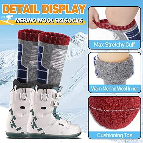 Anlisim Kids Merino Wool Ski Socks for Girls Boys Teen Thermal Winter Warm Thick Hiking Knee High Socks Stocking Stuffers for Skiing Snowboarding (Black/Grey/Blue B, 4-7 Y)