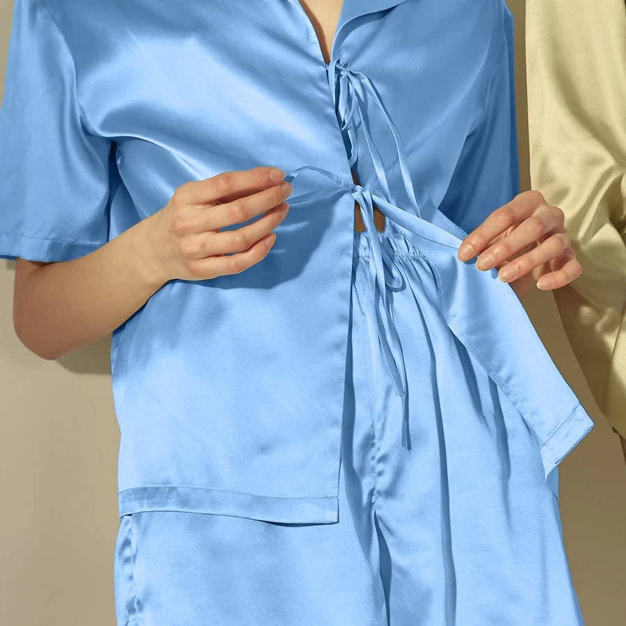 CHYRII Women's Silk Satin Pajamas Sets Tie Front Short Sleeve Tops and Shorts Two Piece Pj Sets Sleepwear Burgundy S