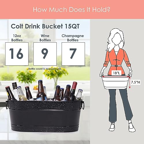 BREKX Colt Copper Finish Galvanized Bucket for Parties, Oval 16-Bottle Hammered Beverage Chiller with Handles, Farmhouse Bucket for Galvanized Decor or Storage, 15QT (4 Gallon)