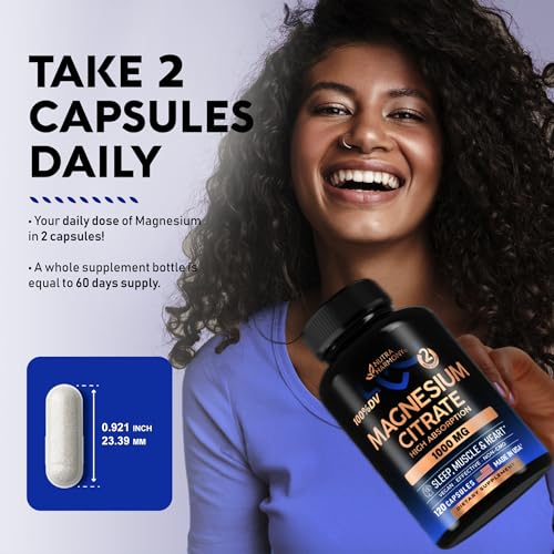 Magnesium Citrate Capsules 1000mg | 100% DV | High Absorption Supplement - Sleep, Muscle & Heart Support - Vegan | Non-GMO - Made in USA - As Powder | Pills | Tablets - 120 Capsules, 2 Month Supply