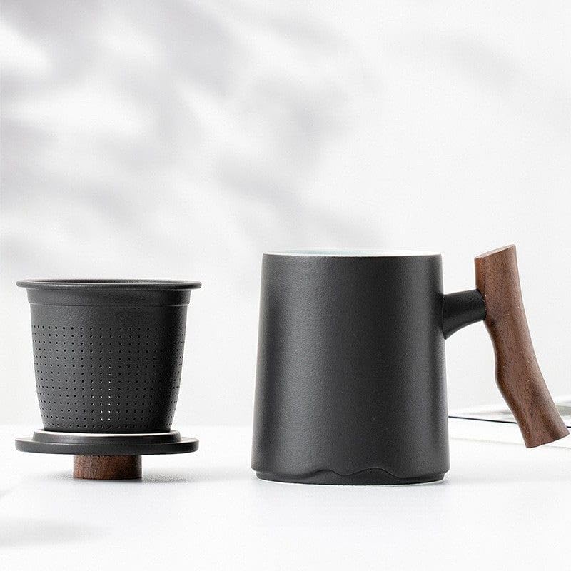 Matty's Garden Black Ceramic Coffee Mug and Tea Infuser - 12 oz with lid and steeper and wooden handle