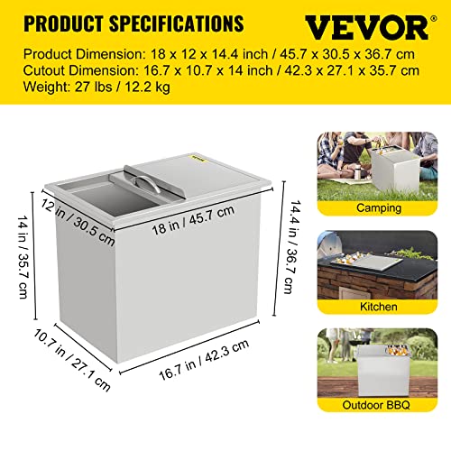Happybuy Drop in Ice Chest 18L x 12W x 14.5H Inch Stainless Steel Ice Cooler with Sliding Cover Drop in Ice Bin Included Drain-pipe and Drain Plug for Cold Wine Beer