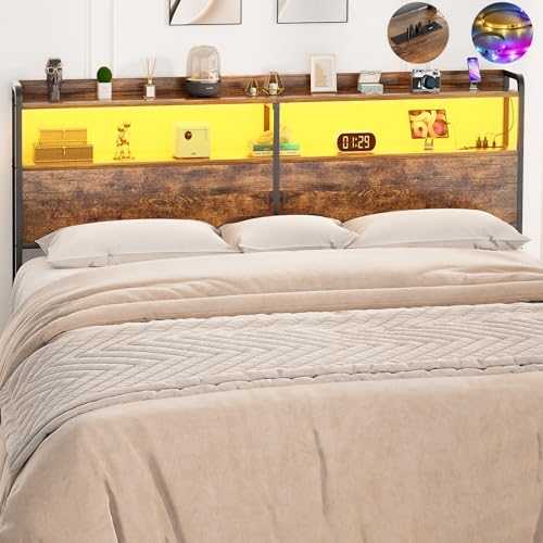 Aheaplus Headboard for Twin Size Bed Frame, Headboards with Outlets, USB Ports and LED Light, Head Board with Storage, Height Adjustable, Sturdy and Stable Headboard, Twin Size, Black Oak