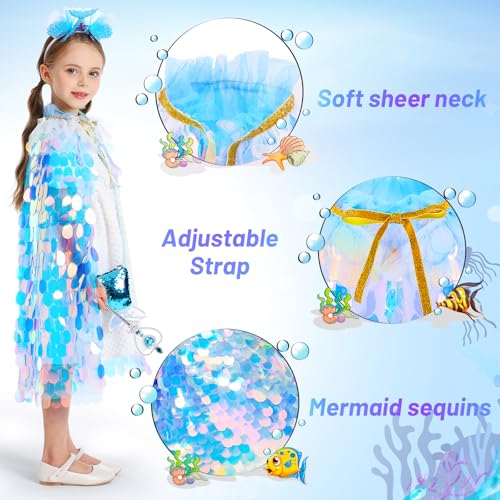LIMIROLER Princess Dress Up Toys Princess Dress Up Clothes Rainbow Mermaid Cape Kit 9 Pcs Gift Set for Little Girls 3-8 Years Old, Great Gift Set for Birthday Christmas Halloween (Rainbow Blue)