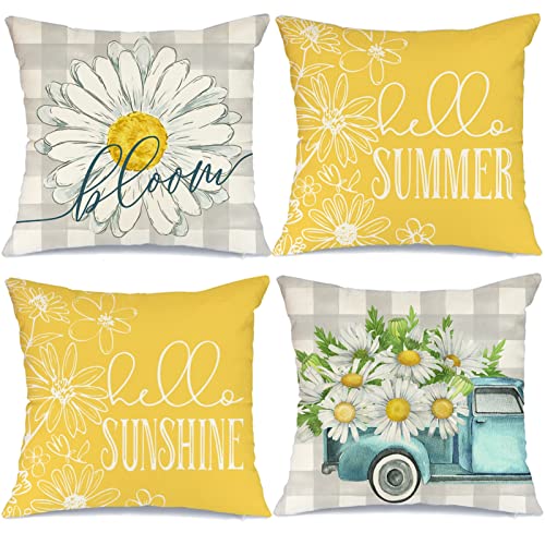 GEEORY Pillow Covers 18x18 Set of 4 Buffalo Plaid Daisy Truck Bloom Hello Sunshine Spring Pillows Decorative Throw Pillows Light Blue Pillowcase Spring Decorations Farmhouse Decor for Couch Sofa