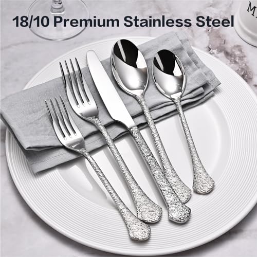 KINGSTONE Premium Silverware Sets, 18/10 Stainless Steel Flatware Set，20-Piece Cutlery with Tin Flow Handles, Dishwasher Safe