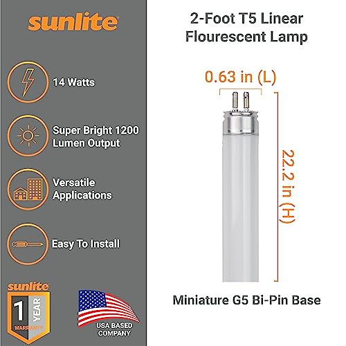 Sunlite 30300 F14T5/830 2 Foot T5 Linear Fluorescent Lamp, 14 Watts, 1200 Lumens, 3000K Warm White, Miniature G5 Bi-Pin Base, ROHS Compliant, High Performance Straight Tube, 40 Pack