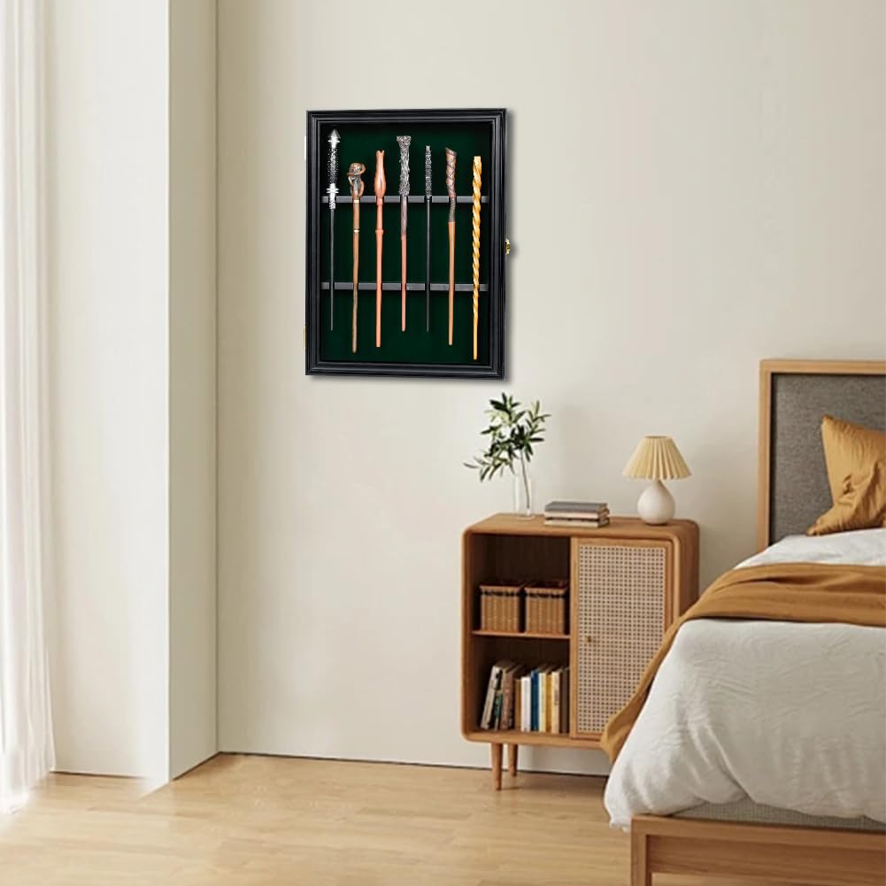 Derkerry Wood Wands Display Case - Vertical Universal Wall Mount Hanging Wood Magic Wand Holder Box for 7 Wand Collection - Wand Not Included