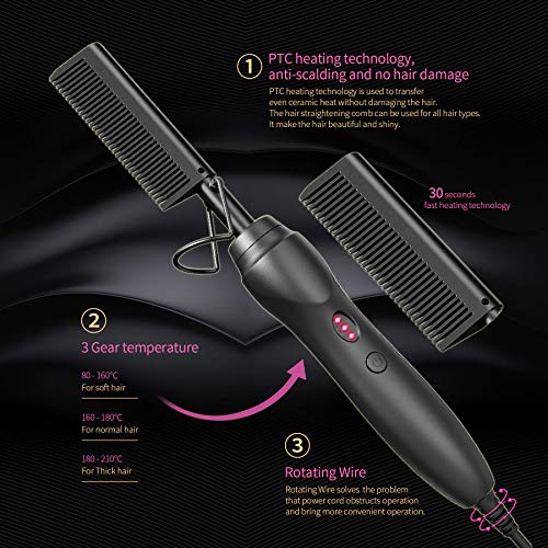 Hot Comb Hair Straightener Pressing Combs - Ceramic Electric Straightening Comb, Curling Iron for Natural Black Beard Wigs Holiday Gift - Black 5 In1