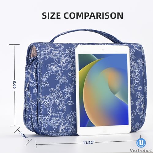 VEXTROFORT Toiletry Bag for Women, Large Hanging Travel Makeup Bag Water-resistant for Toiletries/Cosmetics/Brushes (Blue Floral)