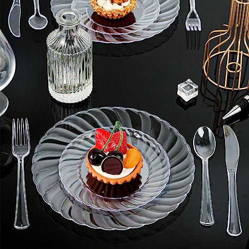 FOCUSLINE 100 Count 6 Inch Clear Plastic Plates, Disposable Heavy Duty Salad Dessert Plates- Premium Hard Plastic Plates Fancy Disposable Clear Plates for Weddings, Parties and Events