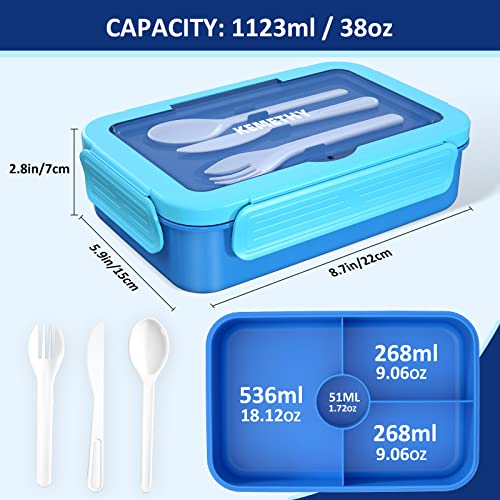 Bento Lunch Box for Kids, 4 Compartment Lunch Boxes Kids, Cutlery Storage Built-in Utensil Set, Leak-proof, Thicken, Microwave/Dishwasher/Freezer Safe, BPA-Free, Blue