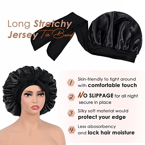 YANIBEST Satin Bonnet Silk Bonnet for Sleeping Double Layer Satin Lined Hair Bonnet with Tie Band for Women Curly Hair Black