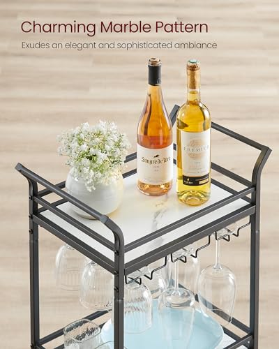 VASAGLE Bar Cart, Home Bar Serving Cart, Small Bar Cart with 3-Tier Shelf, Wine Holders, Glass Holders, Mini Bar Cart for Small Spaces, Kitchen, Dining Room, Living Room, Ink Black