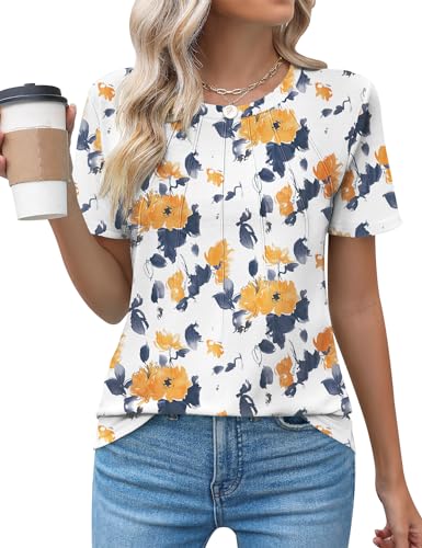 Kistore Women's Yellow Floral Shirts for Women Dressy Casual Short Sleeve Crew Neck Tunic Tops for Leggings L