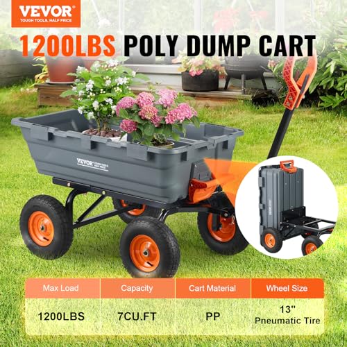 VEVOR 400lbs Steel Garden Dump Cart, Heavy Duty Yard Dump Wagon Utility Wagon with Removable Sides, Pullable Handle, Utility Liner, 10in All Terrain Wheels