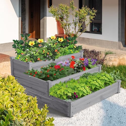 Yaheetech 3 Tier 47 x 47 x 22in Raised Garden Bed Horticulture Outdoor Elevated Flower Box Tiered Garden Bed Wooden Vegetables Growing Planter for Backyard/Patio/Gardener, Gray