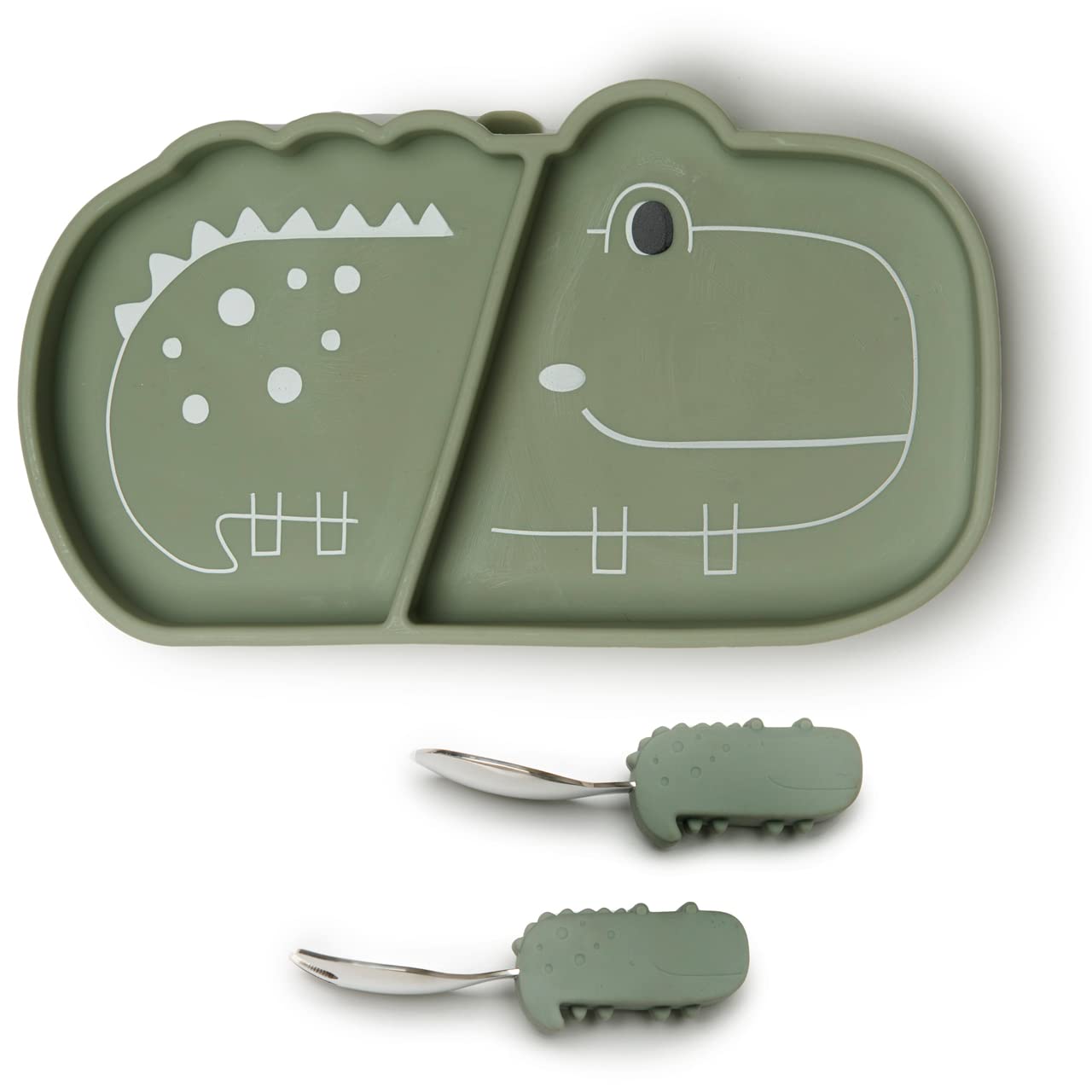 Loulou Lollipop Toddler Silicone Suction Snack Plate, Learning Fork and Spoon Set (Alligator)