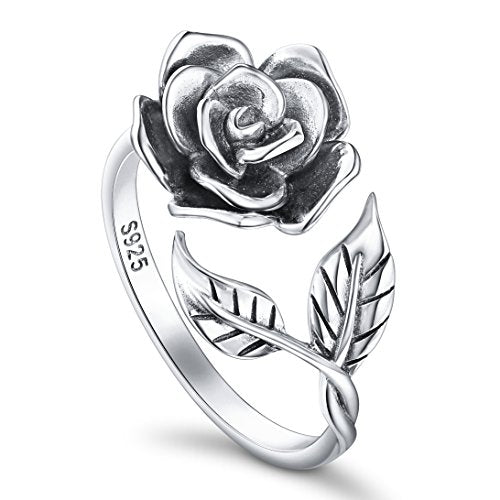 Alphm S925 Sterling Silver Adjustable Wrap Open Lotus Rings Rose Flower Ring for Women Floral Jewelry