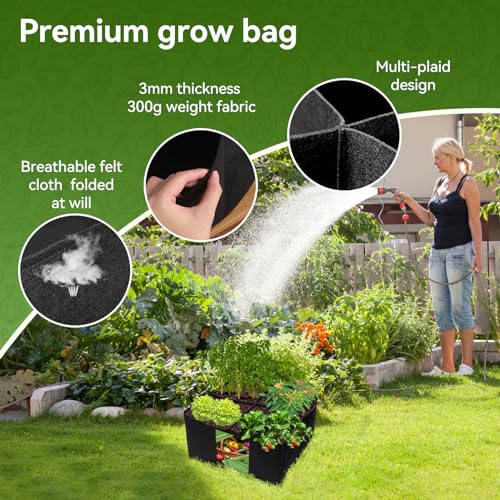 Fabric Raised Garden Bed, Square Plant Grow Bags, Large Durable Rectangular Reusable Breathe Cloth Planting Container for Vegetable, 4 Grids Heavy Pot for Potato, Carrot, Onion, Flower