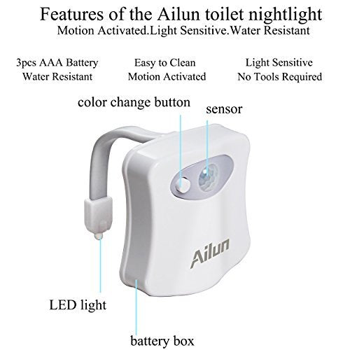 Toilet Night Light 2Pack by Ailun Motion Sensor Activated LED Light 8 Colors Changing Toilet Bowl Illuminate Nightlight for Bathroom Battery Not Included Perfect with Water Faucet Light