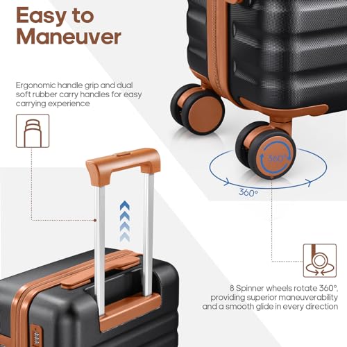 UKEIN Luggage Sets 3 Piece, Carry On Luggage 20 Inch With Spinner Wheels,PC Hardside Suitcase Set with TSA Lock,Durable Carry On Suitcase With Travel Backpack for Men Women(Black Brown)