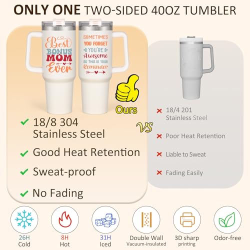 LiqCool Bonus Mom Birthday Gifts - 40 Oz Best Bonus Mom Ever Tumbler Gifts for Step Mom from Daughter Son, Unique Popular Stepmom Mother's Day Birthday Gift Ideas Cup(Cream)