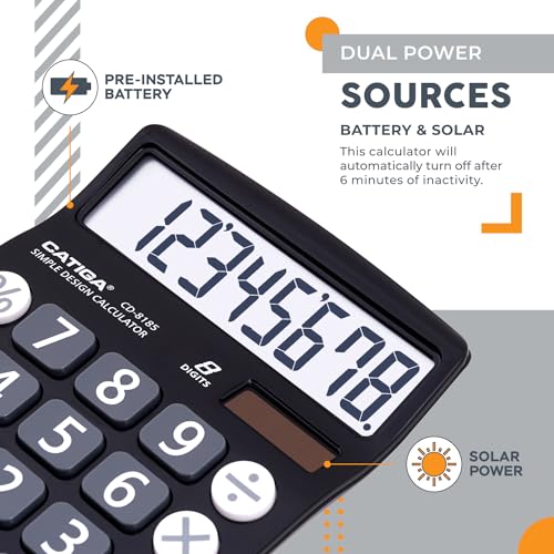 CATIGA Desktop Calculator 8 Digit with Solar Power and Easy to Read LCD Display, Big Buttons, for Home, Office, School, Class and Business, 4 Function Small Basic Calculators for Desk, CD-8185 Black