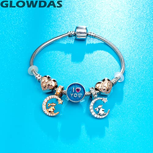 Rose Gold Rabbit Sitting on the Crescent Moon Dangle Charms, 925 Sterling Silver Bunny on Night Sky Pendant Beads, fits Pandora Easter Bracelet, Gifts for Girls/Sister/Friends