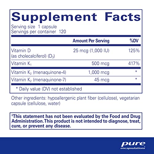 Pure Encapsulations Synergy K - with Vitamin K1, K2 & D3 - Supports Bones, Blood Vessels, Vascular Elasticity & Calcium Utilization* - includes Cholecalciferol - Gluten Free & Non-GMO - 180 Capsules