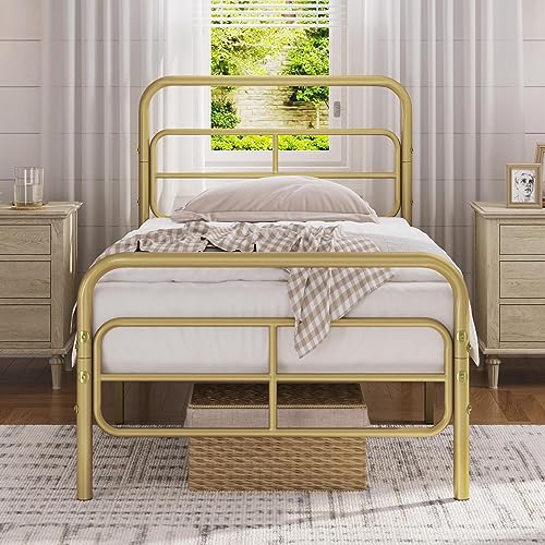 Yaheetech Twin Bed Frame Metal Platform Bed with Geometric Patterned Headboard, Mattress Foundation with Under Bed Storage/Sturdy Slat Support, No Box Spring Needed, Antique Gold