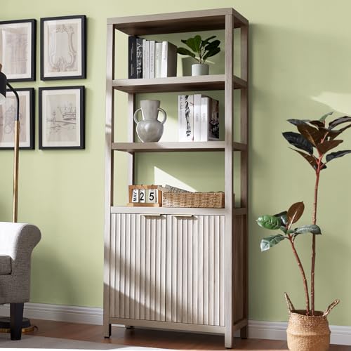 OAKHAM HOME Oxford Bookshelf, Tall Book Shelf with Doors Cabinet, 5-Tier Bookcase, Large Wooden Bookshelves with Fluted Panel, Bookcases with Storage for Living Room, Bedroom (Gray Oak)