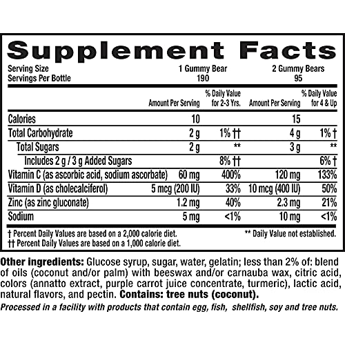 L’il Critters Immune C Daily Gummy Supplement Vitamin for Kids, for Vitamin C, D and Zinc for Immune Support, Orange, Lemon and Cherry Flavors, 190 Gummies