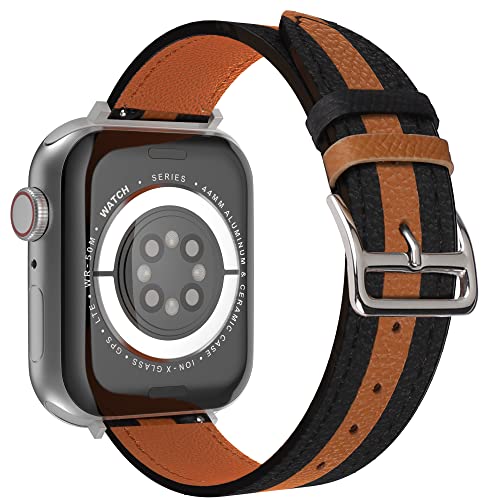 VAKS Compatible with Apple Watch Leather Band 41mm 40mm 38mm for Women Men, Genuine Leather WristBands Replacement Strap for iWatch Series SE2/8/7/6/5/4/3/2/1/SE, Black Brown Black