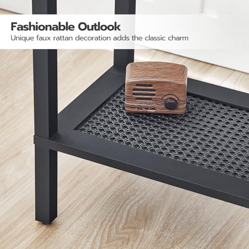 HOOBRO End Table, Small Side Table with 2-Tier Storage Shelves, Tall Nightstand with Faux Rattan Decoration, Sofa Table for Small Space, Beside Table for Living Room, Bedroom, Black BK91BZ01