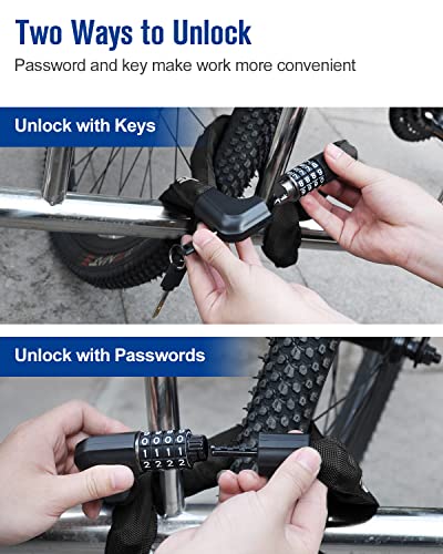 NDakter Bike Lock,Bike Chain Lock with 2 Ways to Unlock,4 Digit Combination Heavy Duty Anti-Theft Bicycle Lock with 2 Keys,3.2/4.28Ft High Security Scooter Locks for Ebike,Electric,Motorcycle,Door