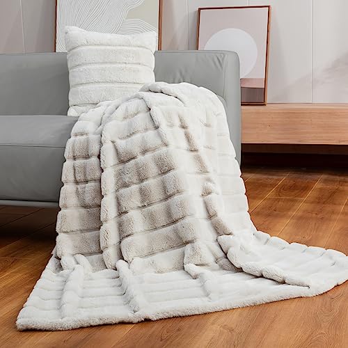 Cozy Bliss Faux Fur Throw Blanket for Couch, Cozy Warm Plush Striped Blanket for Sofa Bedroom Living Room, 90 * 90 Inches Black