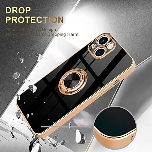 Urarssa for iPhone 15 Case with Stand 360° Rotatable Ring Holder Magnetic [with 2 Screen Protector] Kickstand Gold Plating for Women Men Shockproof Protective Phone Case Cover for iPhone 15, Black