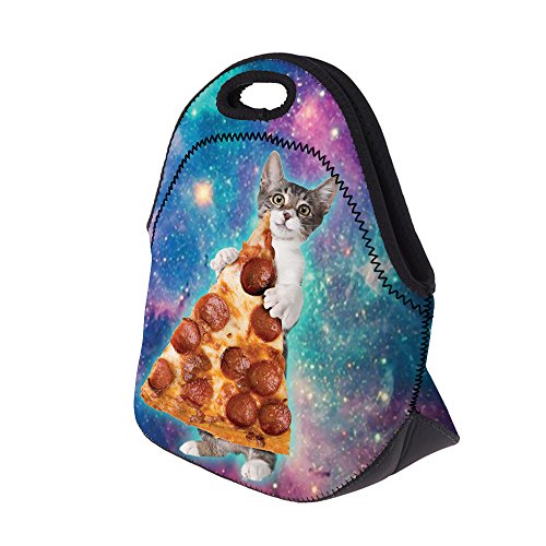 HAPPYLIVE Neoprene Lunch Bag, Cat Take Pizza, Unisex, 11.8" x 11.2" x 6.5", 8.7" Deep, Easy Zip Closure, Great for School or Work Lunches