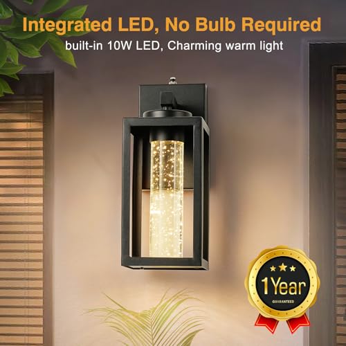 VIANIS Black Outdoor Wall Sconce, Dusk Dawn Exterior Lighting Wall Mount House with Crystal Bubble Glass, Waterproof Modern Outdoor Light Fixture Front Porch, LED Coach Lights for Garage Lantern